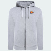 Ellesse Miletto Full-Zip Hoodie Men's in light grey, front view showing the full zipper, drawcord hood, split kangaroo pockets, and Ellesse logo on the chest.
